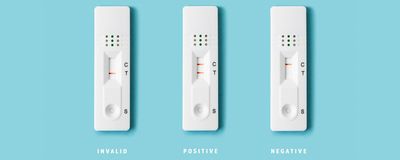 Three covid rapid antigen tests displaying (left to right) invalid, positive, and negative results.