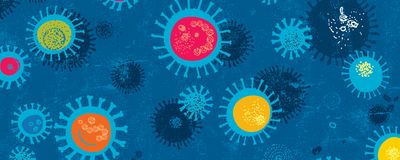 A blue background with colorful illustrated viral particles