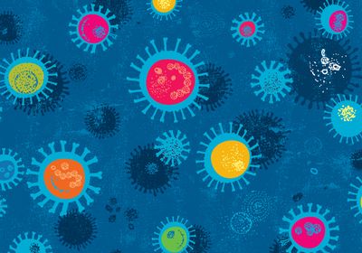 A blue background with colorful illustrated viral particles