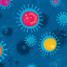 A blue background with colorful illustrated viral particles