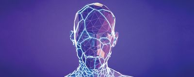 3D wireframe conceptual image of a human head with a white netting overlay on a purple background.