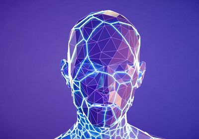 3D wireframe conceptual image of a human head with a white netting overlay on a purple background.