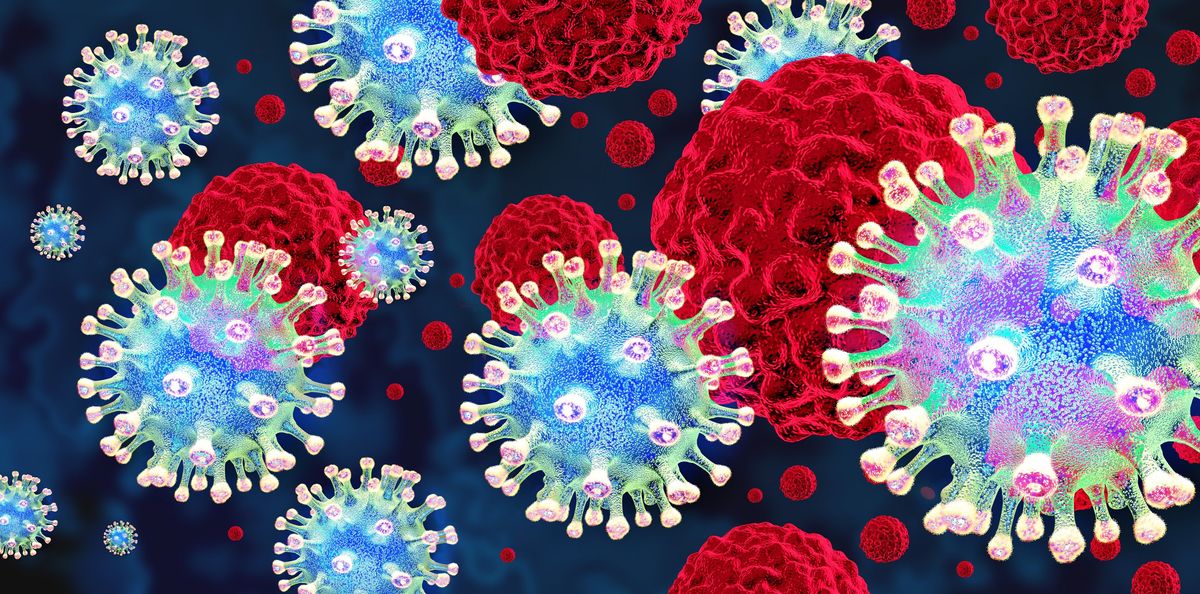 Spherical viruses with spiked membrane proteins on their surfaces surround larger suspended cancer cells. 