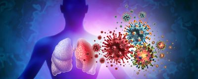 An illustration of lungs being infected by microbes.