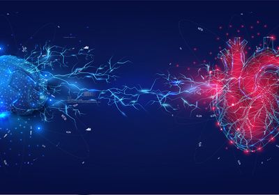 On the left is a brain in blue connect by blue electricity-like lines to a heart in red on the right side of the image.