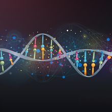 Conceptual 3D illustration of DNA with multicolored base pairs on a black background.