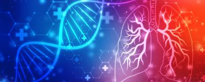 An abstract illustration of a DNA helix and human lungs.