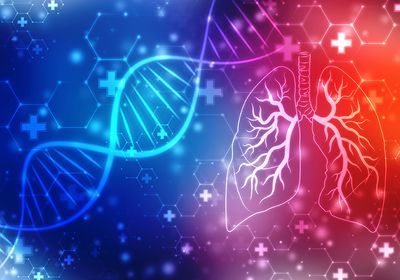 An abstract illustration of a DNA helix and human lungs.