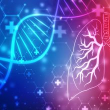 An abstract illustration of a DNA helix and human lungs.