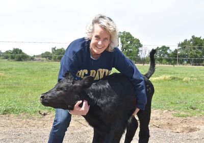 Image of Alison Van Eenennaam holding a black calf in her arms as they pose for the camera.