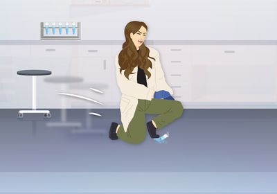 Cartoon of a scientist kneeling over a broken sample tube on the floor.