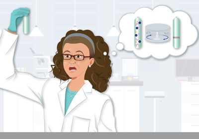 A scientist in a laboratory looks surprised. She holds a tube in one hand.