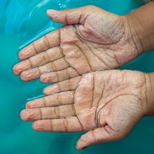 wrinkled hands held over blue water