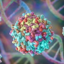 Conceptual gene therapy illustration with 3D multicolored adeno-associated viruses in the foreground and multicolored DNA strands in the background.