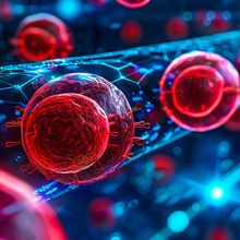 A detailed 3D visualization of flow cytometry technology, with cells passing through a laser beam and being sorted based on their properties