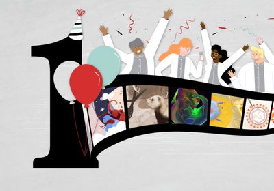 An illustration of scientists in white lab coats celebrating on an unfolding reel of different TS digest issues.