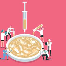 Conceptual illustration of researchers studying microbes in a petri dish.