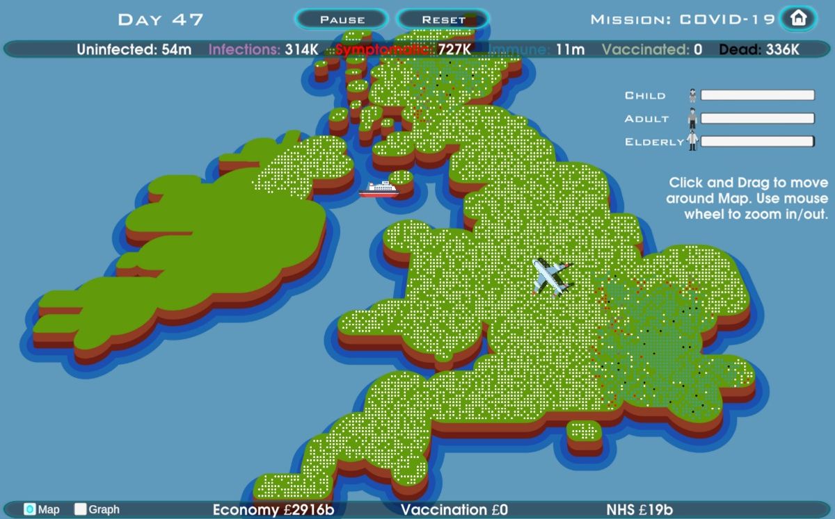 Clip showing the interface of the Virus Fighter game that includes a cartoon map of the UK that depicts viral spread and immunization coverage as dots.