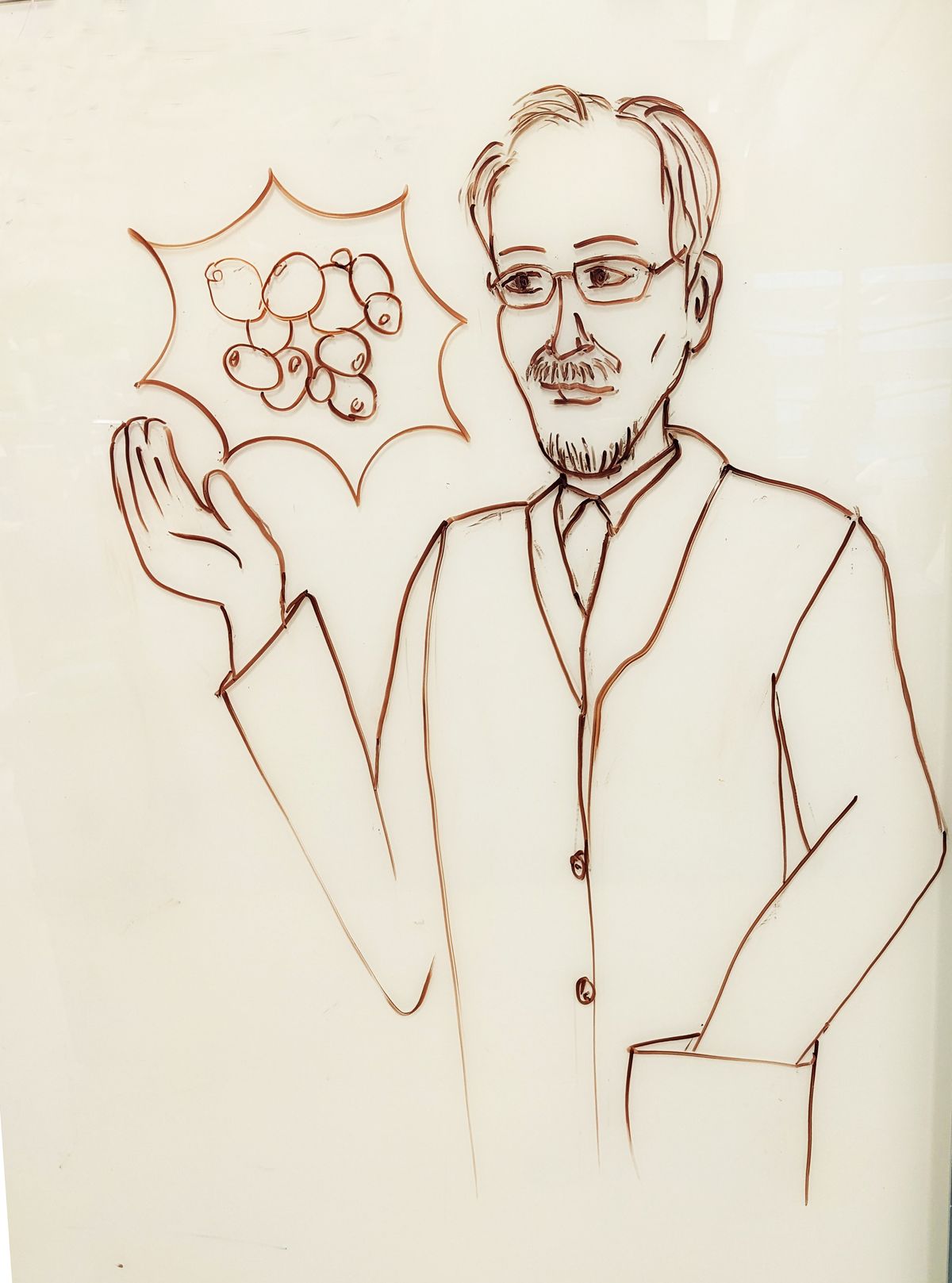 Image of a hand drawn image of Jef Boeke in a lab coat with budding yeast highlighted next to him.