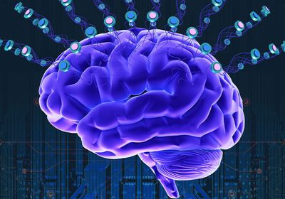 Circular probes surrounding a cartoon of a human brain.