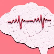 Illustration of a human brain shaped puzzle on a pink background. An electroencephalogram recording is depicted on top of the brain.&nbsp;