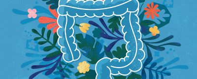 Conceptual illustration of a happy gut with colorful flowers on a blue background.