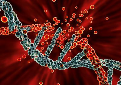 3D Illustration of a DNA molecule breaking apart into red pieces.