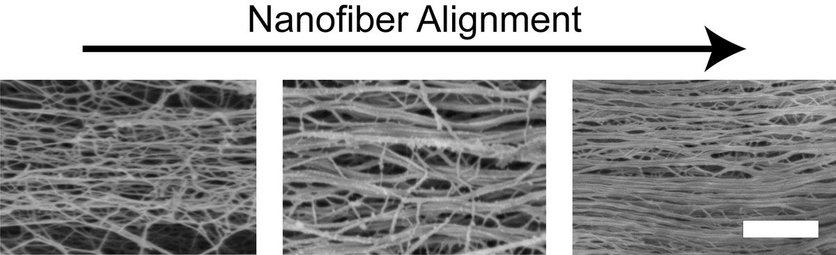 Three black-and-white images of fibers becoming more aligned from left to right.