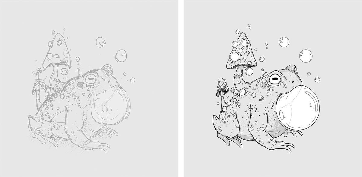 Sketch on the left and final drawing to the right, of a toad with mushrooms growing from its back.