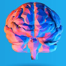 Front view of a blue and red brain animation with a blue background.