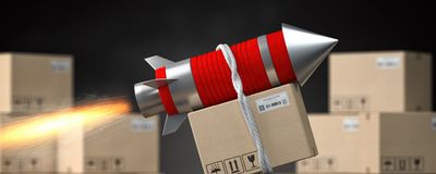 A cardboard parcel tied to a rocket taking flight.