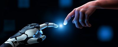 A robot hand makes contact with a human finger on a dark blue background.