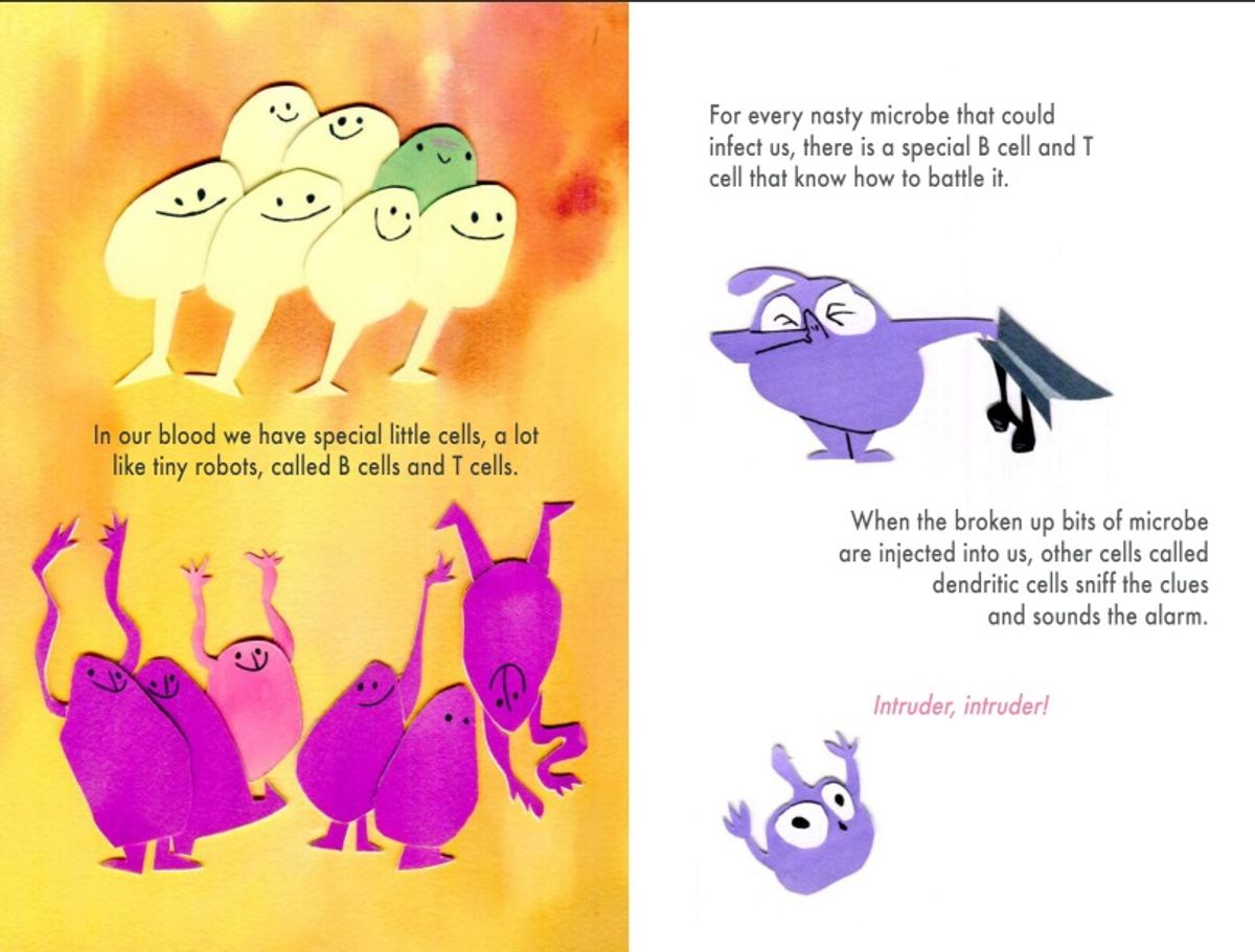 A page from the children’s book Maya’s Marvellous Medicine depicting cartoon microbes, T cells, and B cells.