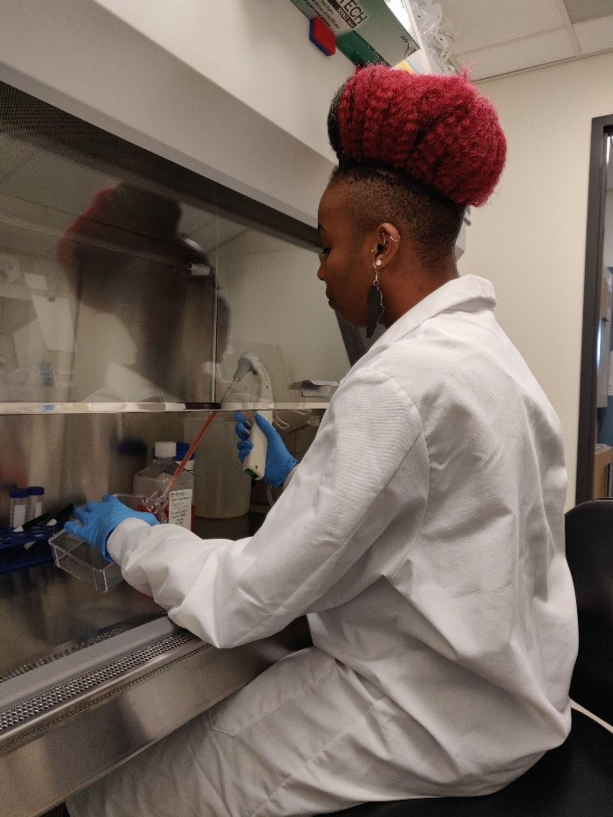 Priye Iworima culturing cells in a biosafety cabinet.