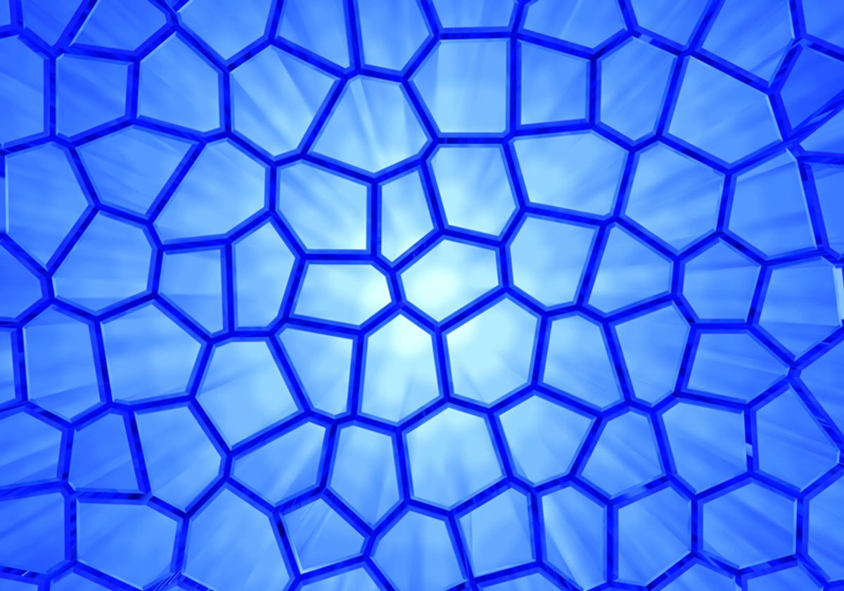 3D rendering of a blue honeycomb-like network backlit by a white light.