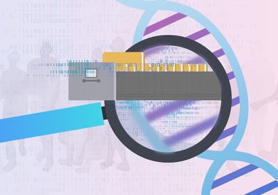 In the foreground, a magnifying glass hovers over a strand of DNA, revealing information hidden in the sequence. Binary code and silhouettes of people are in the background.&nbsp;