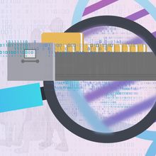 In the foreground, a magnifying glass hovers over a strand of DNA, revealing information hidden in the sequence. Binary code and silhouettes of people are in the background.&nbsp;