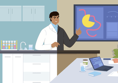 A scientist in the middle of the screen is in a lab coat in a laboratory on the left but is dressed in a suit giving a scientific presentation in a board room on the right.