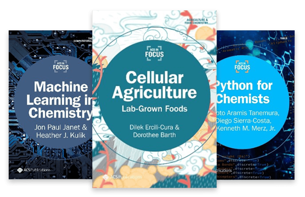 Image of three digital books: <em >Machine Learning in Chemistry, Cellular Agriculture</em>, and <em>Python for Chemists.</em>