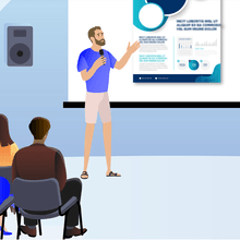 An illustration of a guy in shorts and flip flops presenting data on a screen to an audience.