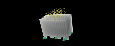 Cuboidal DNA origami block containing parallel double helices (gray columns) decorated with tumor antigens (green proteins) and CpG adjuvants (yellow helices) on opposing faces.